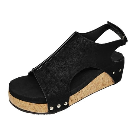 

PMUYBHF Women Summer Sequin Hook Loop Leopard Print Casual Open Toe Wedges Comfortable Beach Shoes Sandals