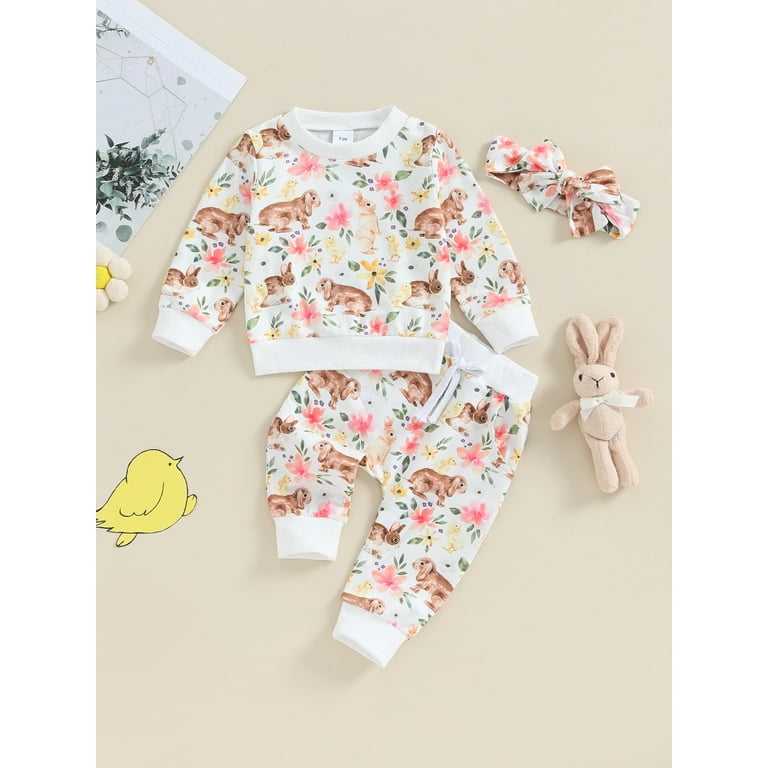 Suealasg Toddler Girl Fall Outfits 3Pcs Baby Girl Clothes Set Long Sleeve Pig Floral Print Sweatshirt Pants Headband Set 6M 1T 2T 3T Kids Girls