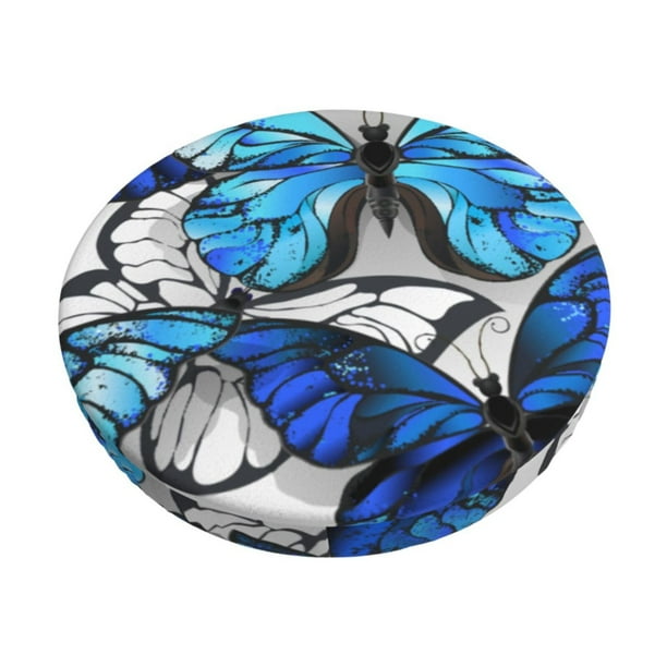 Disketp Blue and White Butterflies Funda Redonda para Taburete, Funda de Cojín para Silla de Bar Suave y Elástica-12 inch