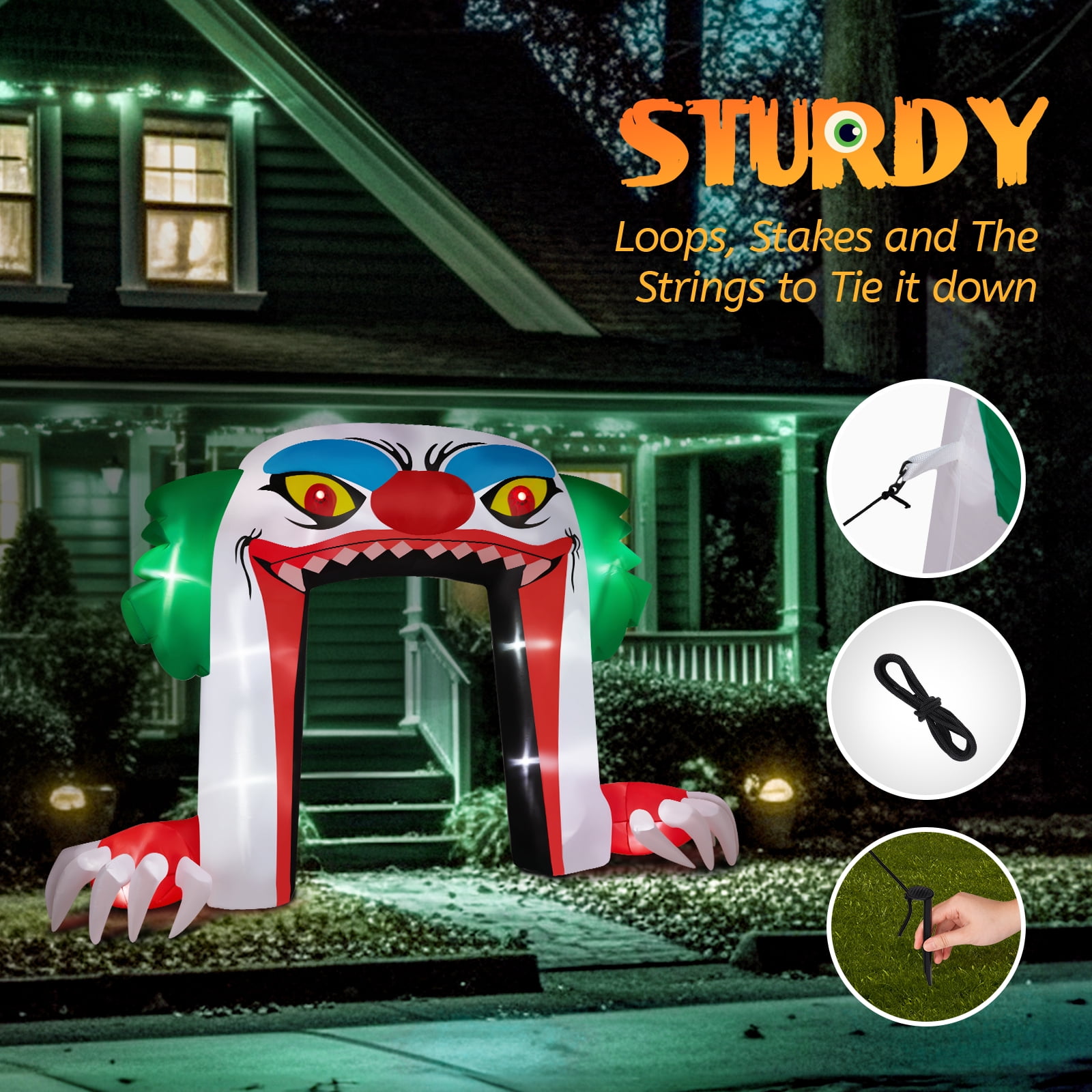 8.9 FT Halloween Inflatable Clown Archway with LED Lights, Giant Spooky Clown Decoration Quick-Inflate Includes Stakes Ropes for Holiday Party Front Yard Lawn Garden Decor