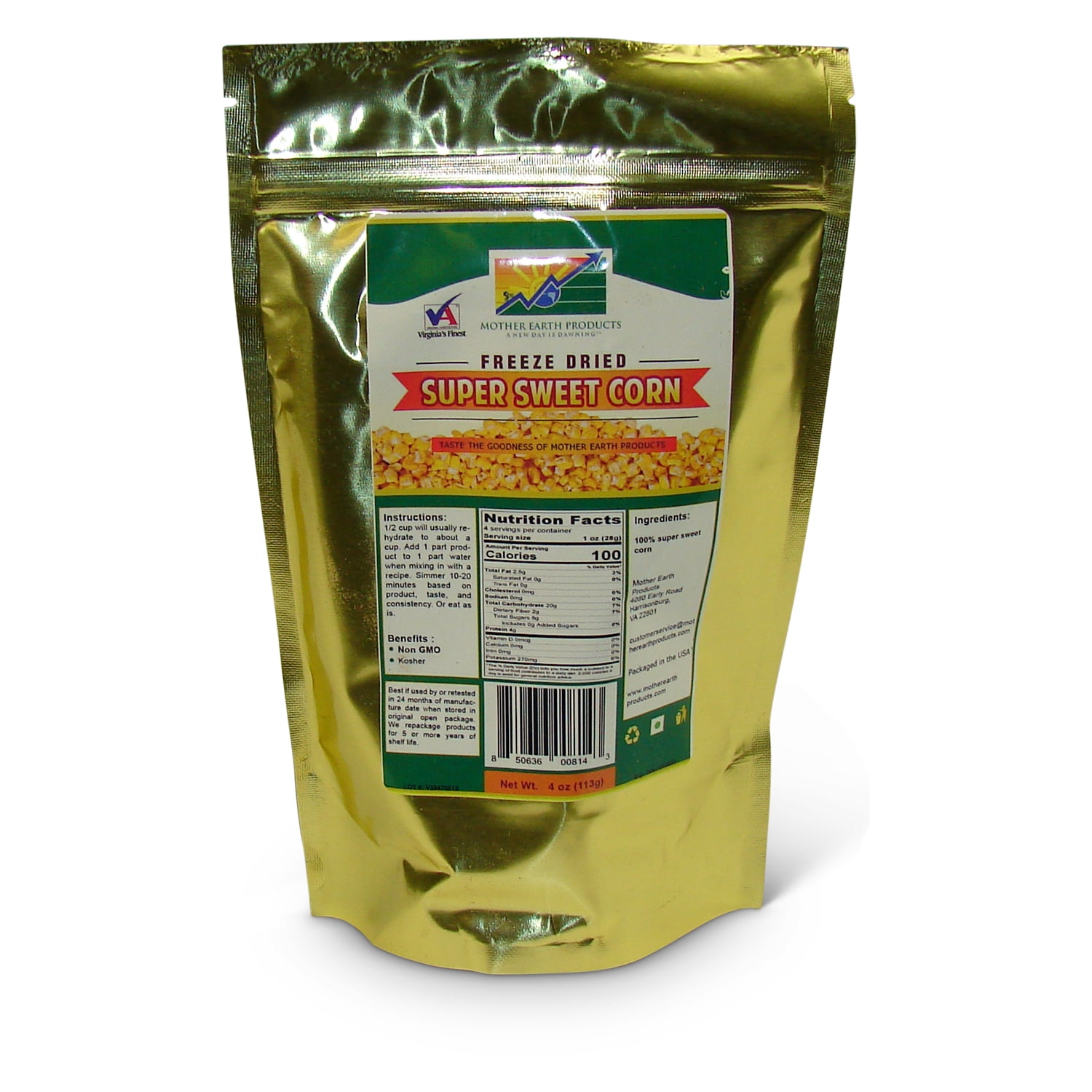 Freeze Dried Corn, 2 full cup Mylar Bag