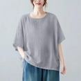 thumbnail image 3 of HomeGardon Womens Shirts Plus Size Tops for Women,Women's Solid Color Imitation Cotton and Linen Shoulder Down Short Sleeved Round Neck Hem Slit Top,S-XXXXL, 3 of 5