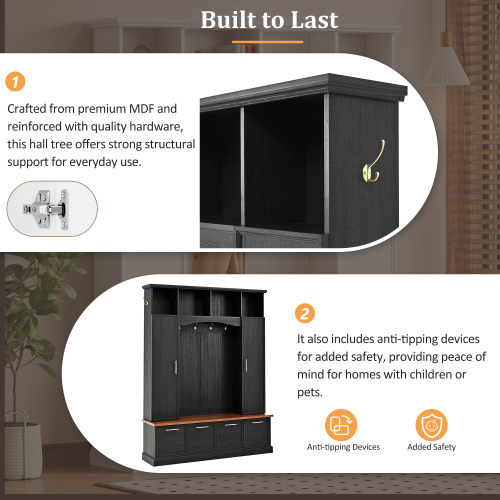 4-in-1 Farmhouse Hall Tree with Bench, Golden Hooks & Handles, Adjustable Shelves, Entryway Coat & Shoe Rack for Mudroom, Black