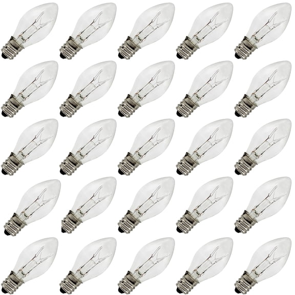 7 Watt, C7 Night Light Bulb, Longer Life 130 Volt, Clear, E12 Candelabra Base, Candle Lamp Replacement Bulbs, Incandescent Light Bulb, 25 Pack
