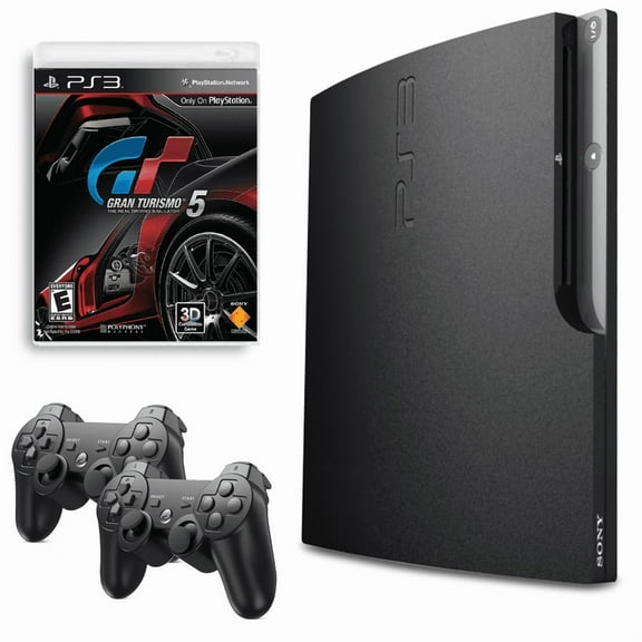 Restored Sony Playstation 3 PS3 Console Slim 250GB Black with Gran Turismo 5 and 2 Retrofam Controllers (Refurbished)