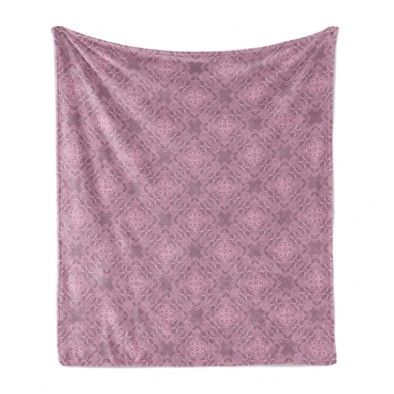 Oriental Soft Flannel Fleece Throw Blanket, Damask Style Geometric Swirly Flower Curly Scrolls Ethnic Effects, Cozy Plush for Indoor and Outdoor Use, 70" x 90", Dried Rose and Baby Pink, by Ambesonne
