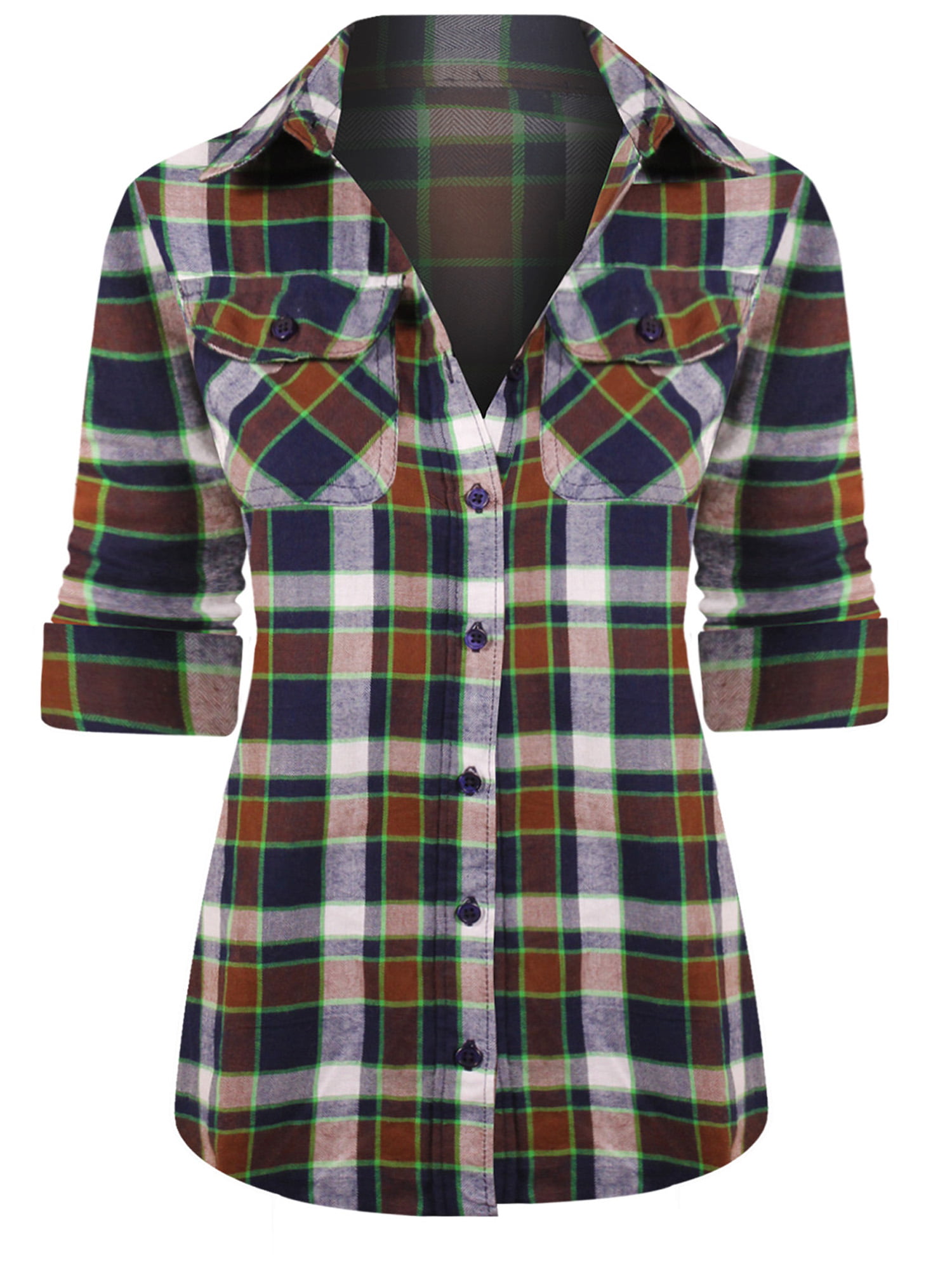 Women's Classic Collar Button Down Roll Up Long Sleeve Plaid Flannel ...