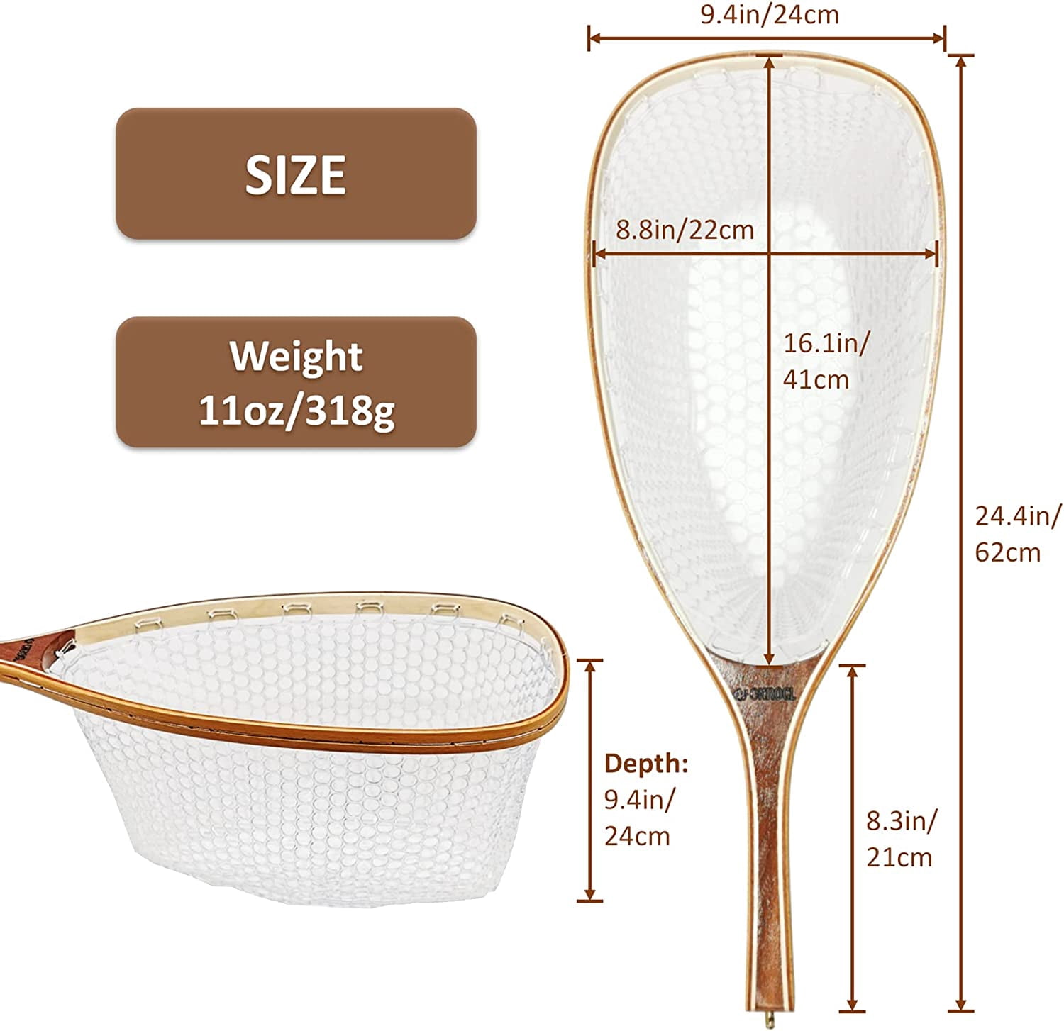 Fly Fishing Net Trout Net with Magnetic Release and Rod Holder Wooden Frame Landing Net with Soft Rubber Mesh for Catch and Release (Clear Small Holes)