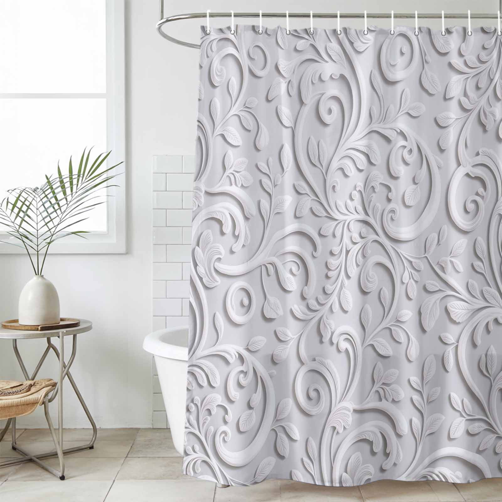 Floral Patterns Shower Curtain, Waterproof Shower Curtains for Bathroom, Silver White Flowers Leaves Aesthetic Washable Fabric Bathtub Curtain Set Bath Decor with 12 Hooks Long 72"x84"