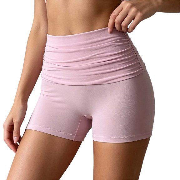 Arlun Womens Fold over Yoga Shorts Summer Elastic High Waist Seamless Lifting Gym Leggings Comfortable Soft Breathable Pure Color Non See Through Athletic Shorts Pink XL
