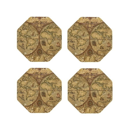 

Fuzoiu World Map1 Print Leather Coasters Set Drink Coasters Set of 4 for Tabletop Protection Durable PVC Coasters Home Décor and Housewarming Gift-Octagon