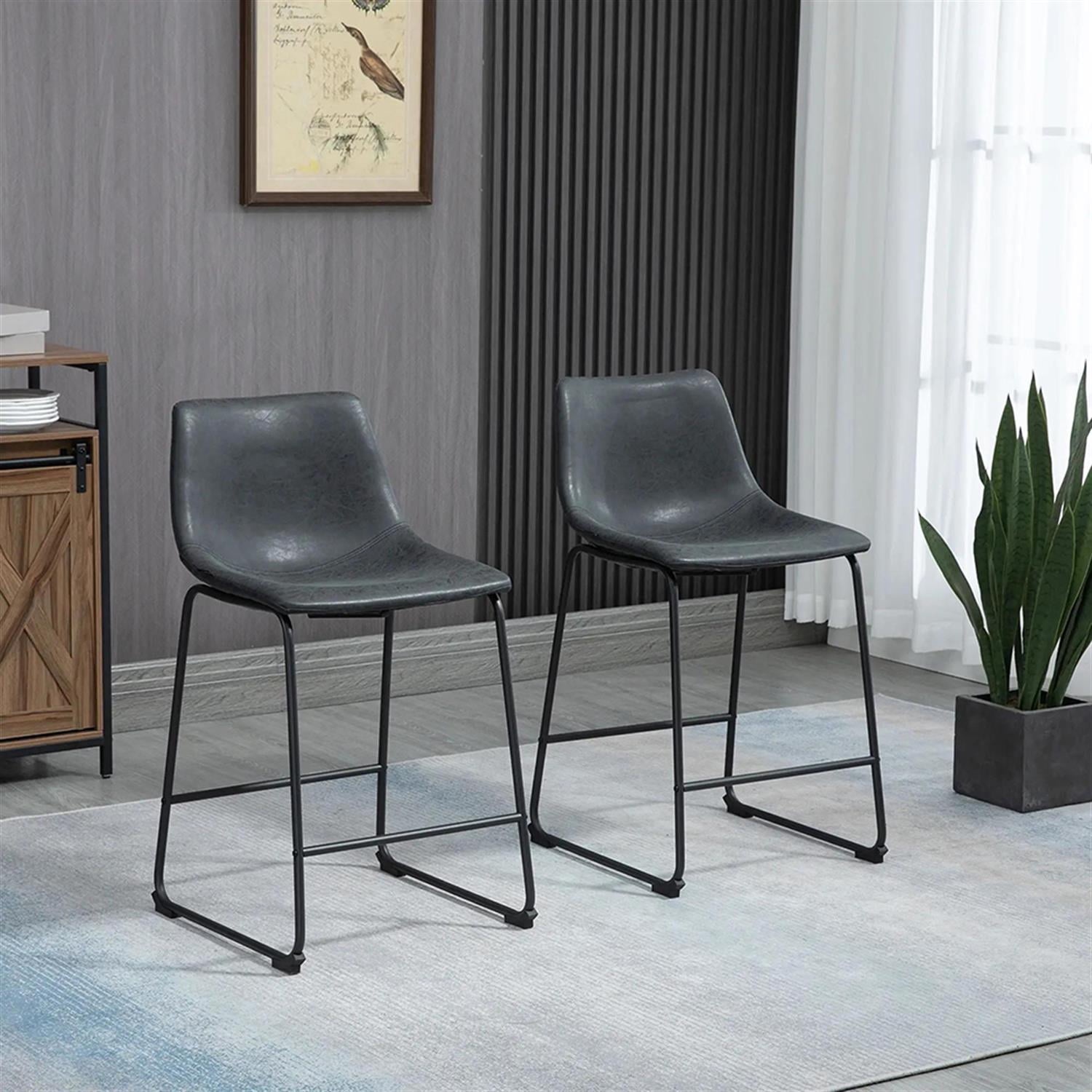 Demi Bonn Modern Counter Bar Stool Set of 2, Vintage PU Leather Bar Height Stool with Back and Steel Legs for Kitchen, Dinning Room, Black