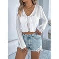 thumbnail image 2 of Women'S Light-Weight Shrugs Crochet Sweaters Tie Front 3/4 Sleeve Cropped Cardigan for Spring Summer White S, 2 of 8
