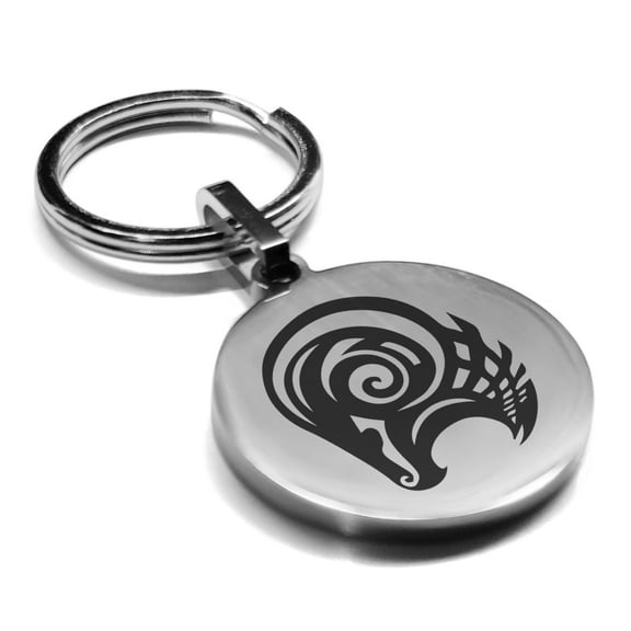 Stainless Steel Tribal Aries Zodiac (Ram) Round Medallion Keychain Circle Ring