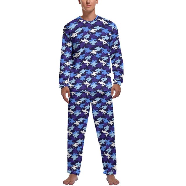 Pijama de tiburón con acuarela y estampado de arte pop para hombre, conjunto de pijama de manga larga, 2 piezas, estampado de primavera, regalo de cumpleaños