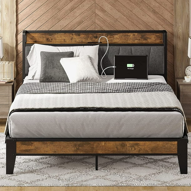 LIKIMIO Full Bed Frame, Storage Headboard with Charging Station, Solid