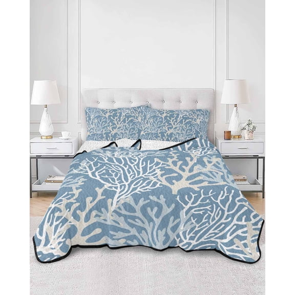 Quilts King Size, Blue Coral Coastal Soft Comforter Bedding Set for Bed, Ocean Nautical Seaside Beach Lightweight Quilted Bedspread with Pillow Cover(2 Pieces) for All Season, 96x106 Inch