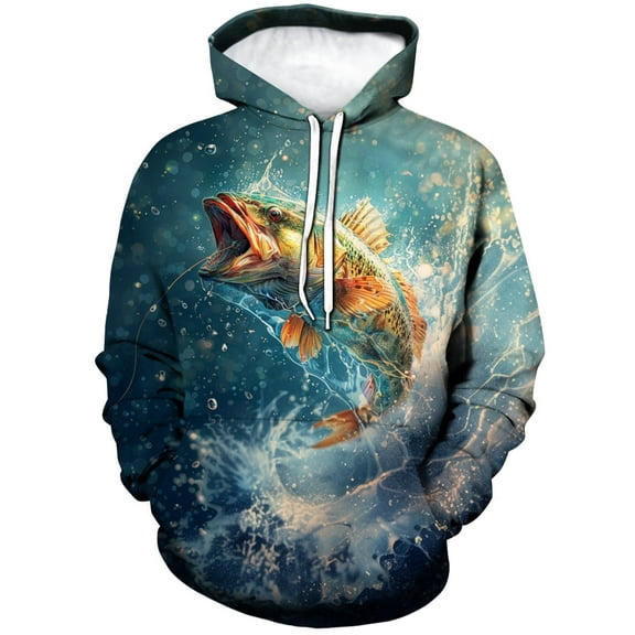 Rebaike Men's 3D Bass Fishing Hoodie Jumping Largemouth Bass Pullover Sweatshirt