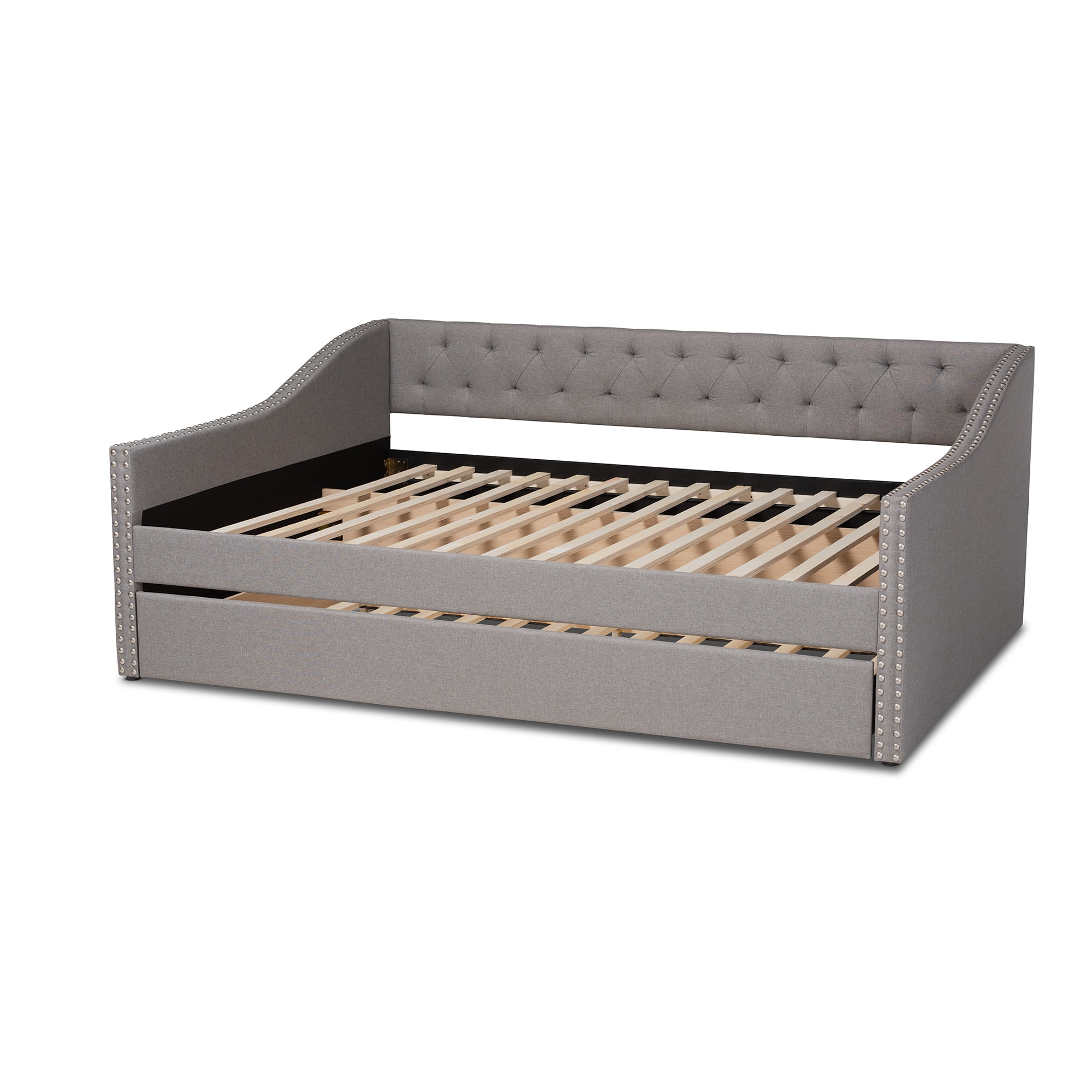 Baxton Studio Haylie Modern and Contemporary Light Gray Fabric Upholstered Queen Size Daybed with Roll-Out Trundle Bed