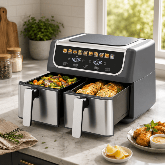 Haysky 9.5QT Dual Basket Air Fryer, 10-in1 Digital Touchcreen 2 Independent 4.75Qt Basket, Non-Stick, Black