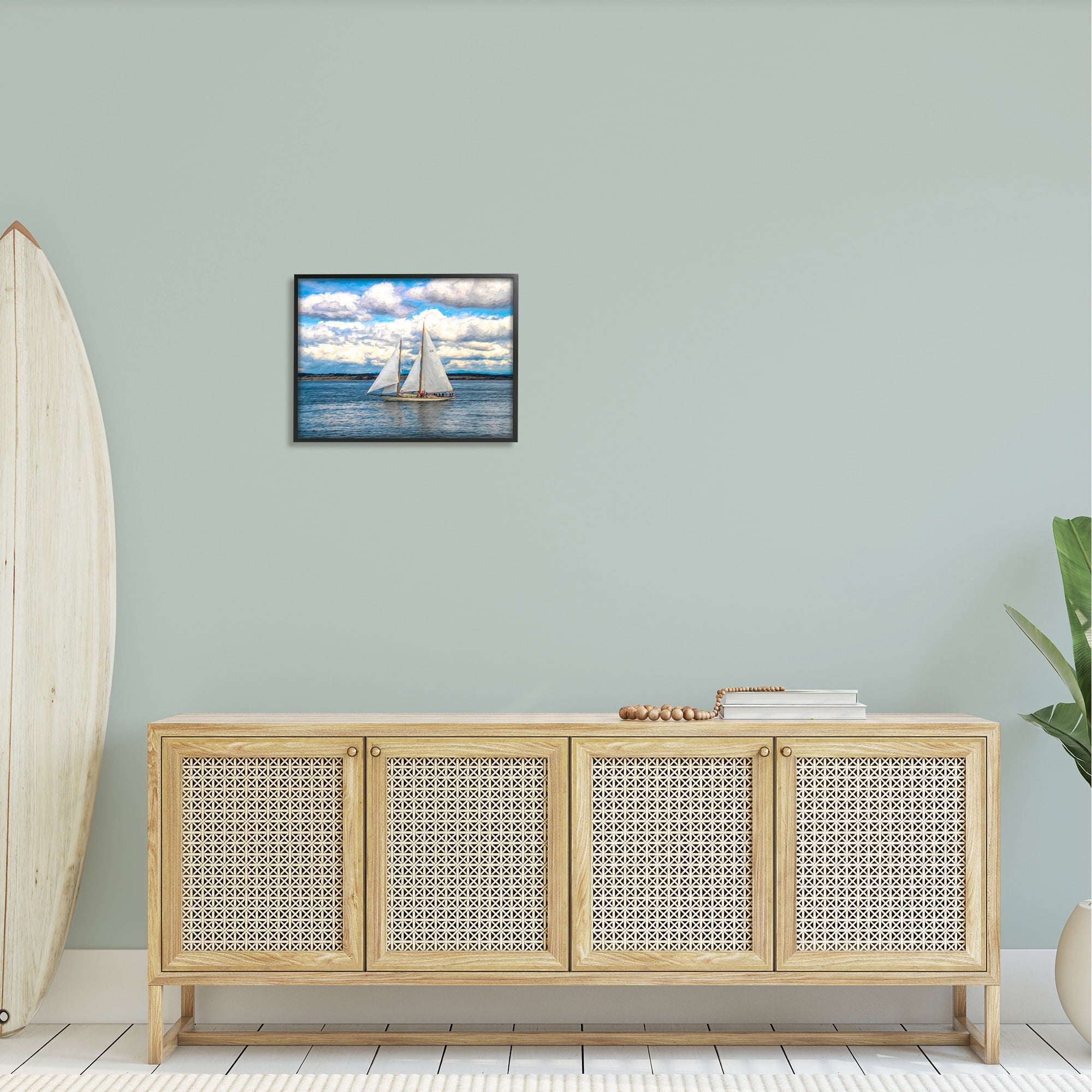 Stupell Industries Quaint Sailboat Floating Ocean Fluffy White Clouds Framed Wall Art, 20 x 16, Design by Nan