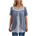 thumbnail image 3 of Fashion Olyvenn Womens Plus Size Tops Summer Dressy Hollow Out Boat Neck Short Sleeves Lightweight T-Shirt Color Blocked Patchwork Tee Dark Gray M, 3 of 6