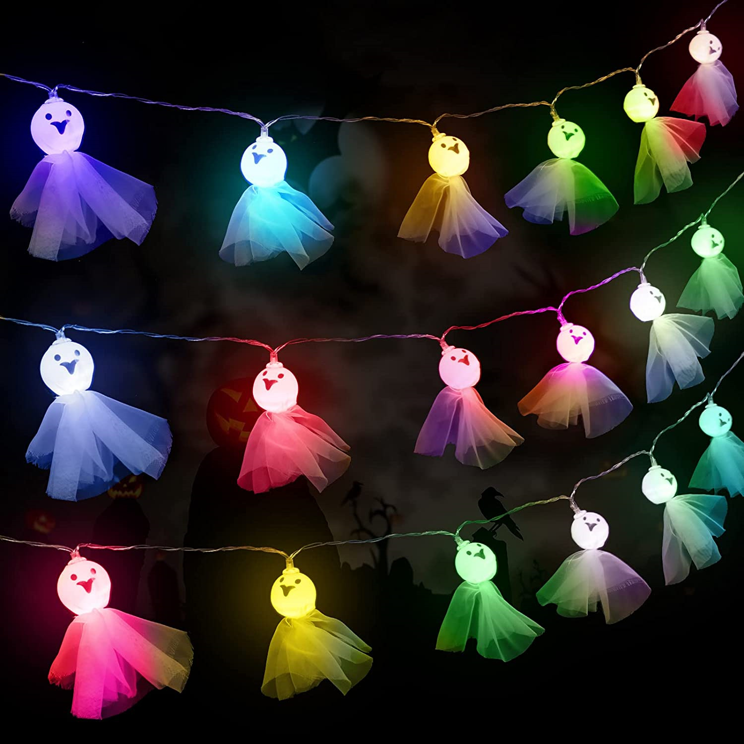 Halloween Ghost String Lights with 40 LEDs Colored Lace Ghost Wall