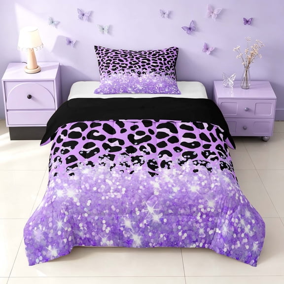 Homewish Purple Cheetah Print Twin Comforter Sets for Girls, Princess Glitters Printed Bedding Set, Black Reversible, 2 Pieces 1 Comforter and 1 Pillowcase