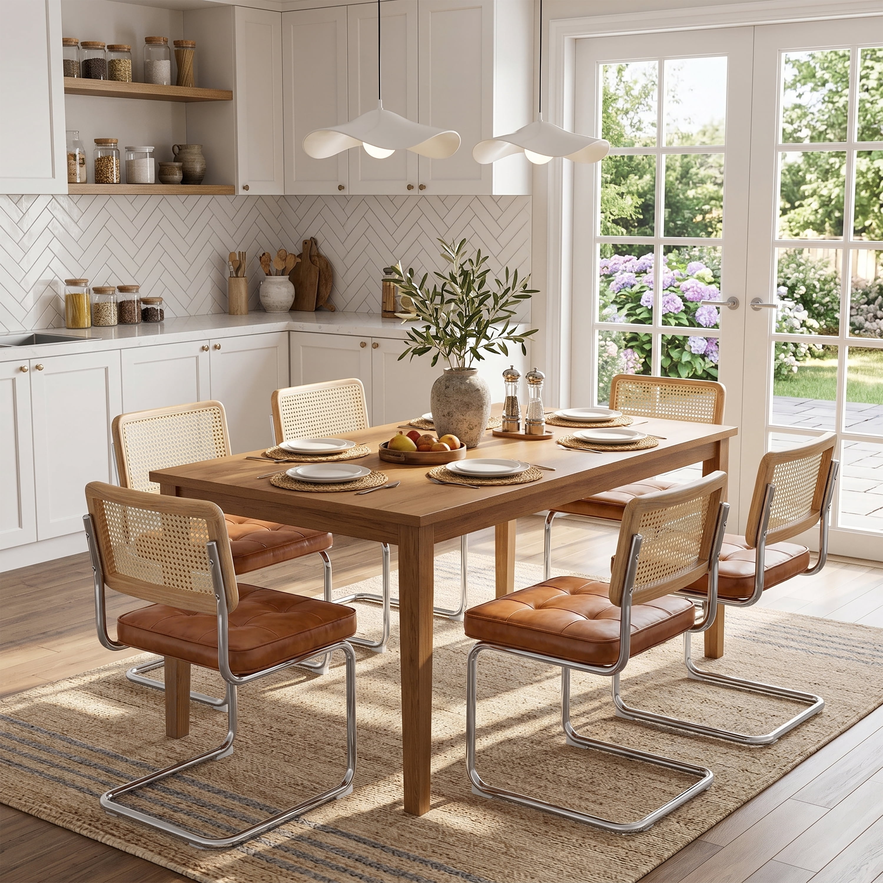 Zesthouse Rattan Dining Chairs Set of 2, Faux Leather Dining Chair with Cane Back and Chrome Legs, Mid-Century Modern Upholstered Kitchen Side Chairs for Dining Living Room, Brown