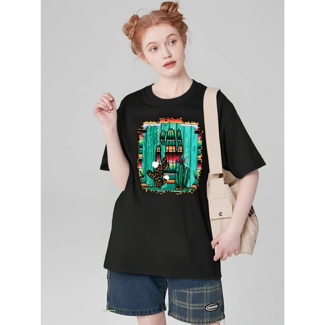 Camiseta De Manga Corta Con Cuello Redondo Para Mujer, Camisetas De Verano Para Uso Diario Y ViajesWomen's Cactus Graphic T-Shirt - Vibrant Watercolor & Leopard Print, Casual Crew Neck, Short Sleeve