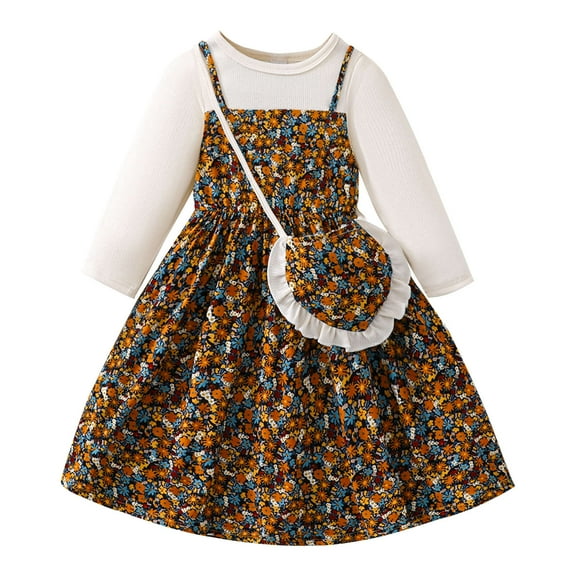 Odeerbi Toddler Girls Cute Floral Twofer Dresses with Shoulder Bag Set Kids Fashion Solid Color Flower Print Long Sleeve Dress Toddler Girls Clothes