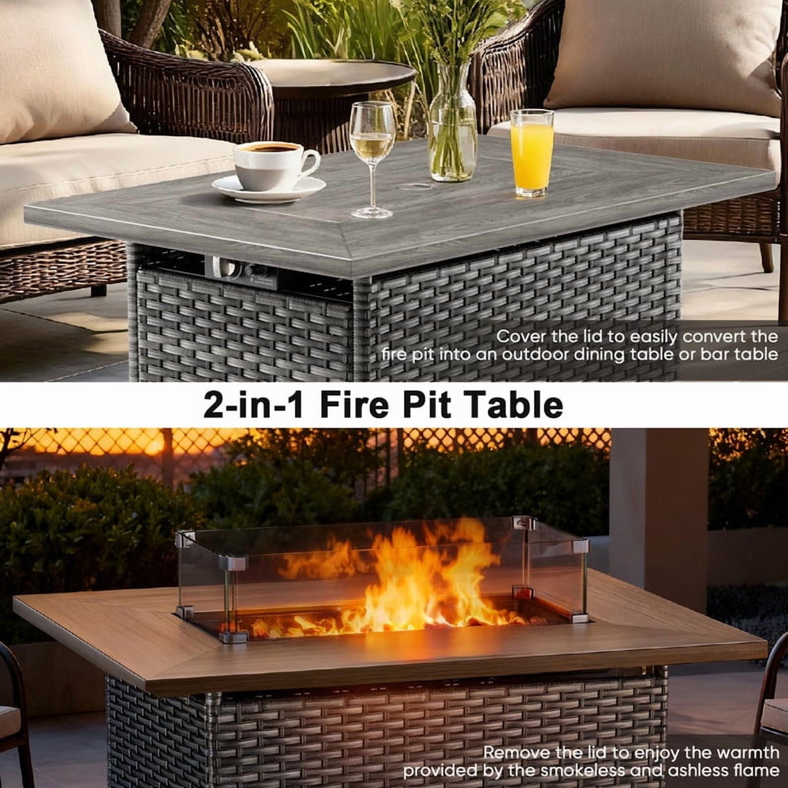 Giantfurnni 41" Propane Fire Pit Table with Lid, Outdoor Wicker 50,000 BTUs Rectangle Gas Fire Pit Table with Glass Wind Guard and Lava Rocks for Balcony Porch Deck