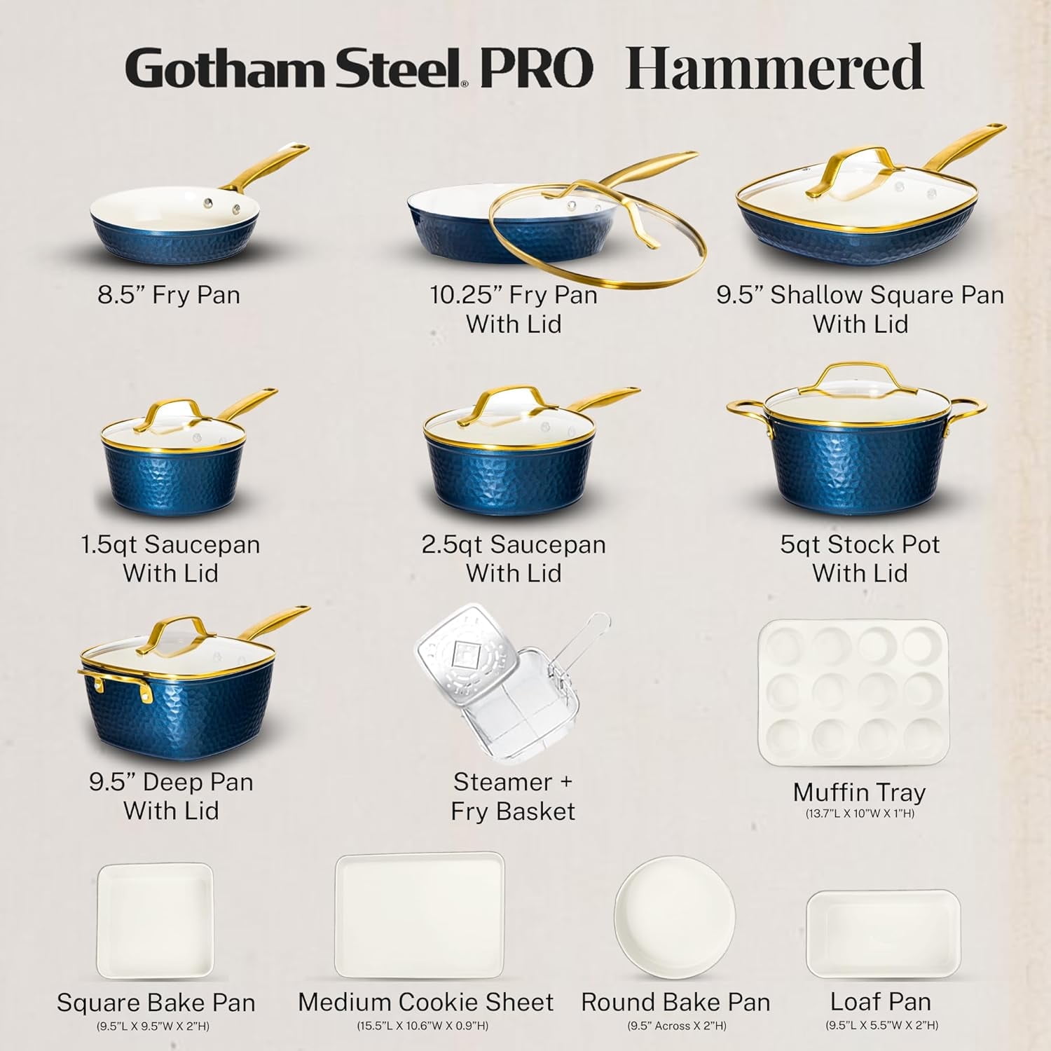Gotham Steel Hammered 20 Pc Ceramic Cookware Set Nonstick, Induction Pots and Pans Set, Non Toxic Cookware Sets, Oven & Dishwasher Safe, Navy/Gold