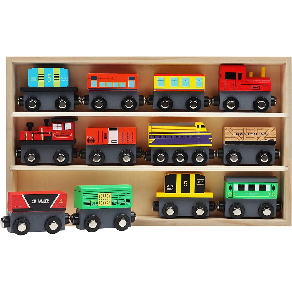 PEACNNG Train Wooden Train Set Magnetic with Storage Box (12 Pieces ...