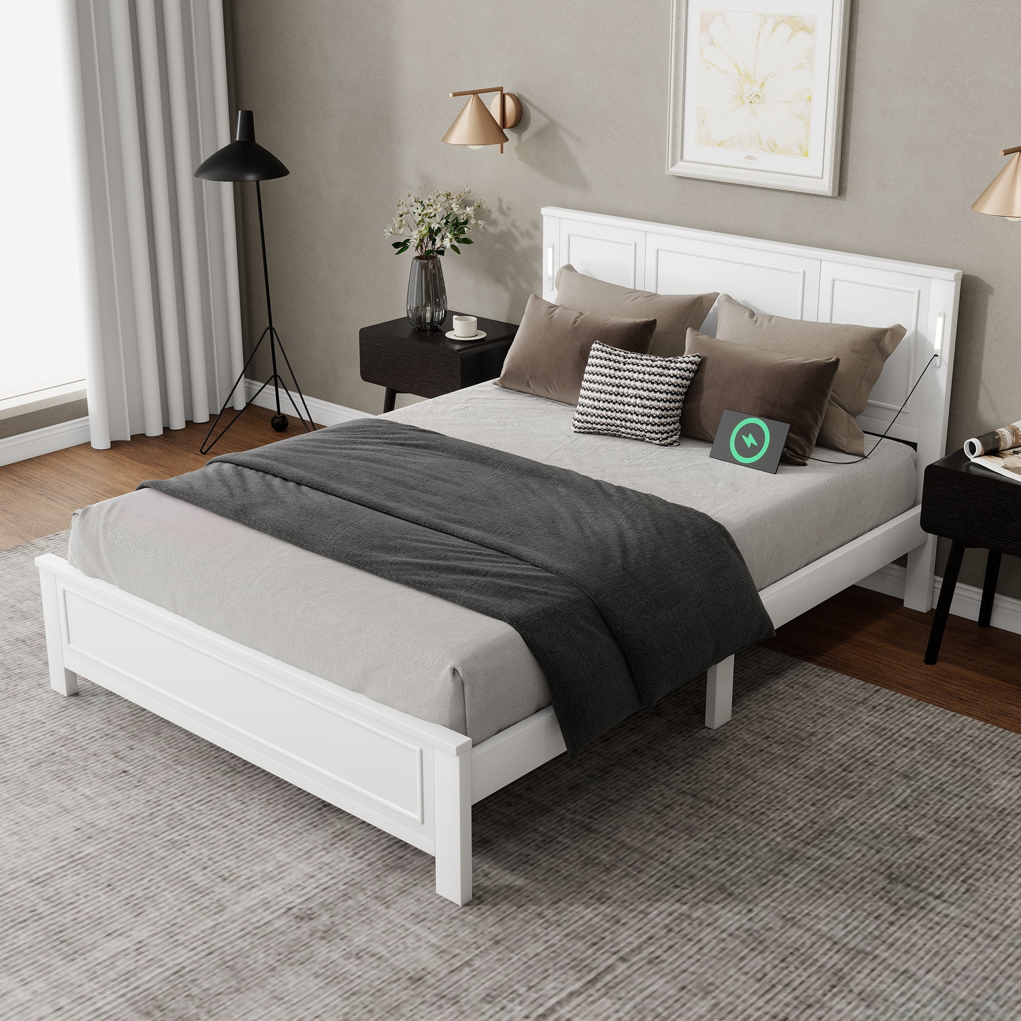 Mintazer Queen Size Bed Frame with LED Light & USB Charging Station, Modern Platform Bed with Under-Bed Storage & Tall-Panel Headboard, White