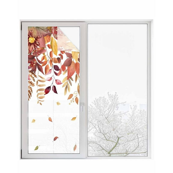 Window Privacy Film Orange Fall Leaves Stained Glass Window Film Decorative Sun Block Window Cover Watercolor Maple Eucalyptus Plants Window Clings Static Adhesive Sticker for Bathroom 23.6"x59"