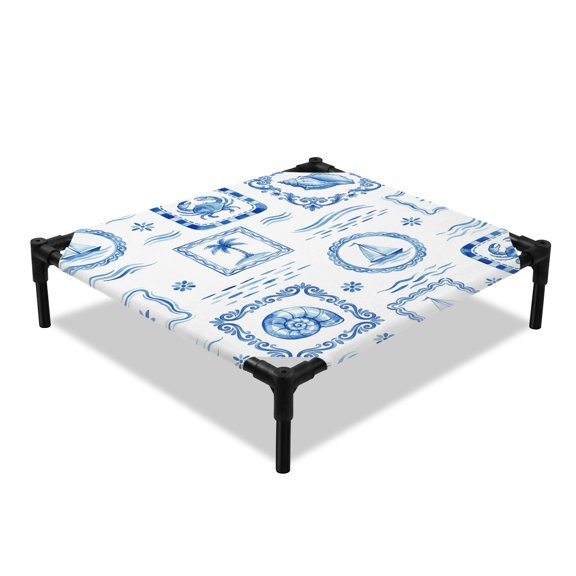 Summer Marine Life Elevated Dog Bed, Watercolor Stamp Ocean Wave Coastal Crab Sailboat Cooling Breathable Outdoor Raised Dog Cot Bed with Metal Frame Non-Slip Feet for Small Dog 20x20in