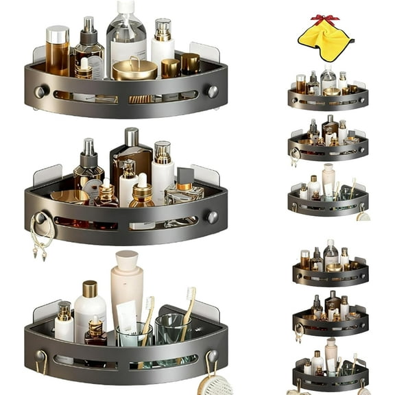 YEPOLERCE 3-Pack Black Triangle Shower Caddy, 3-Tier Corner Shelves Shower Storage Rack, Petrichir Drill Free Wall Mountshower Organizer with Hooks, Bathroom Accessories