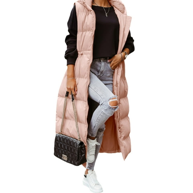 Faithtur Veste Longue Matelassée à Capuche pour Femmes Couleur Unie Légère Sans Manches à Fermeture Éclair