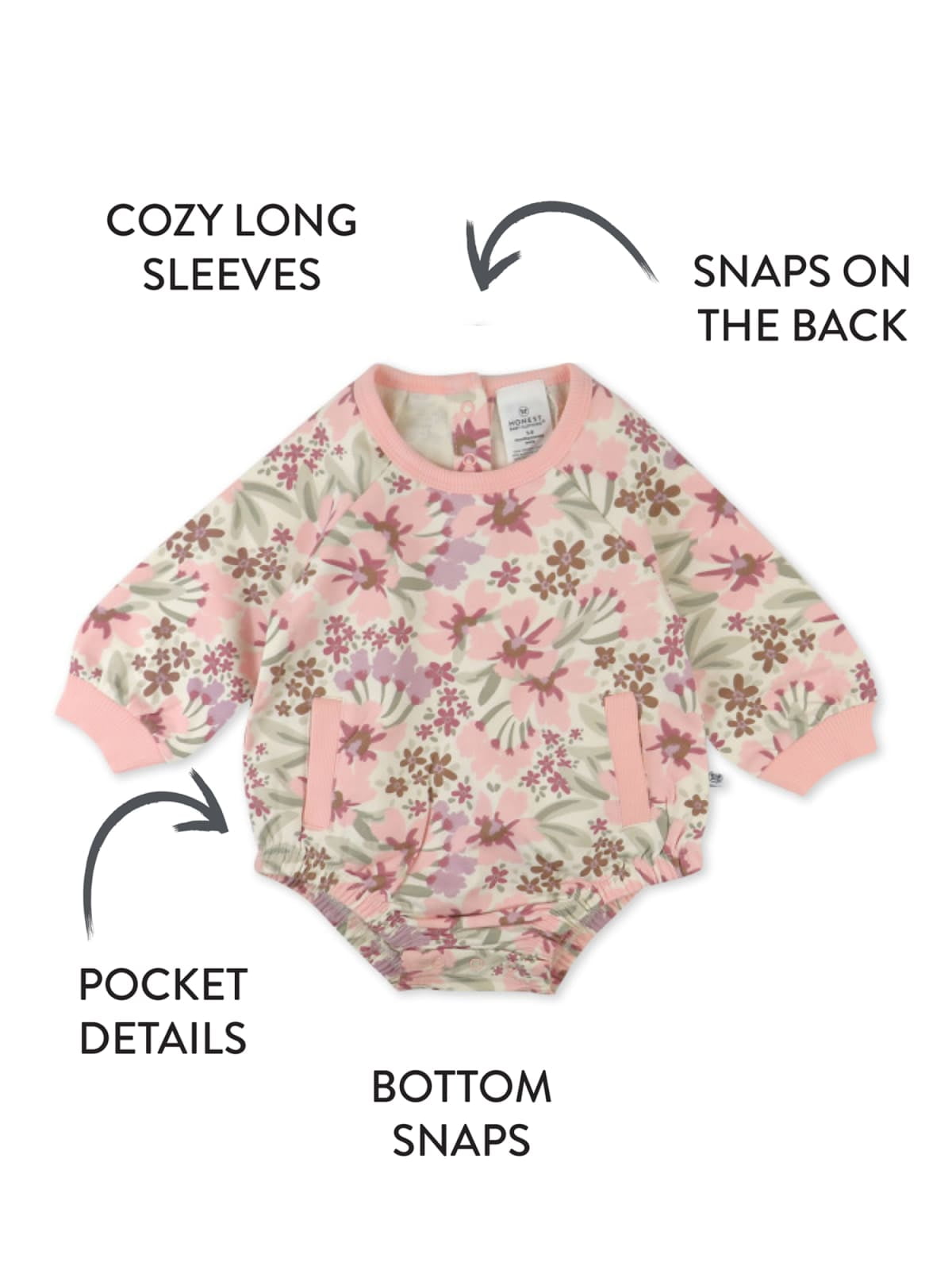 Honest Baby Clothing Organic Cotton Girl Long-Sleeve Bubble Romper, Newborn to 24M