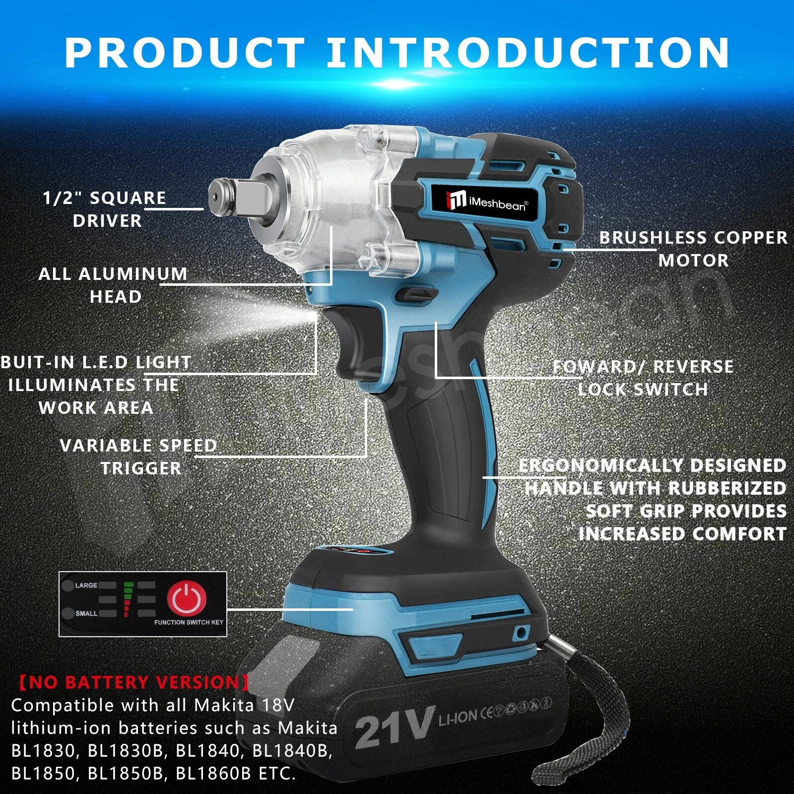 iMeshbean 1/2" Cordless Electric Impact Wrench 550N.m High Torque Brushless Drill Bare Tool
