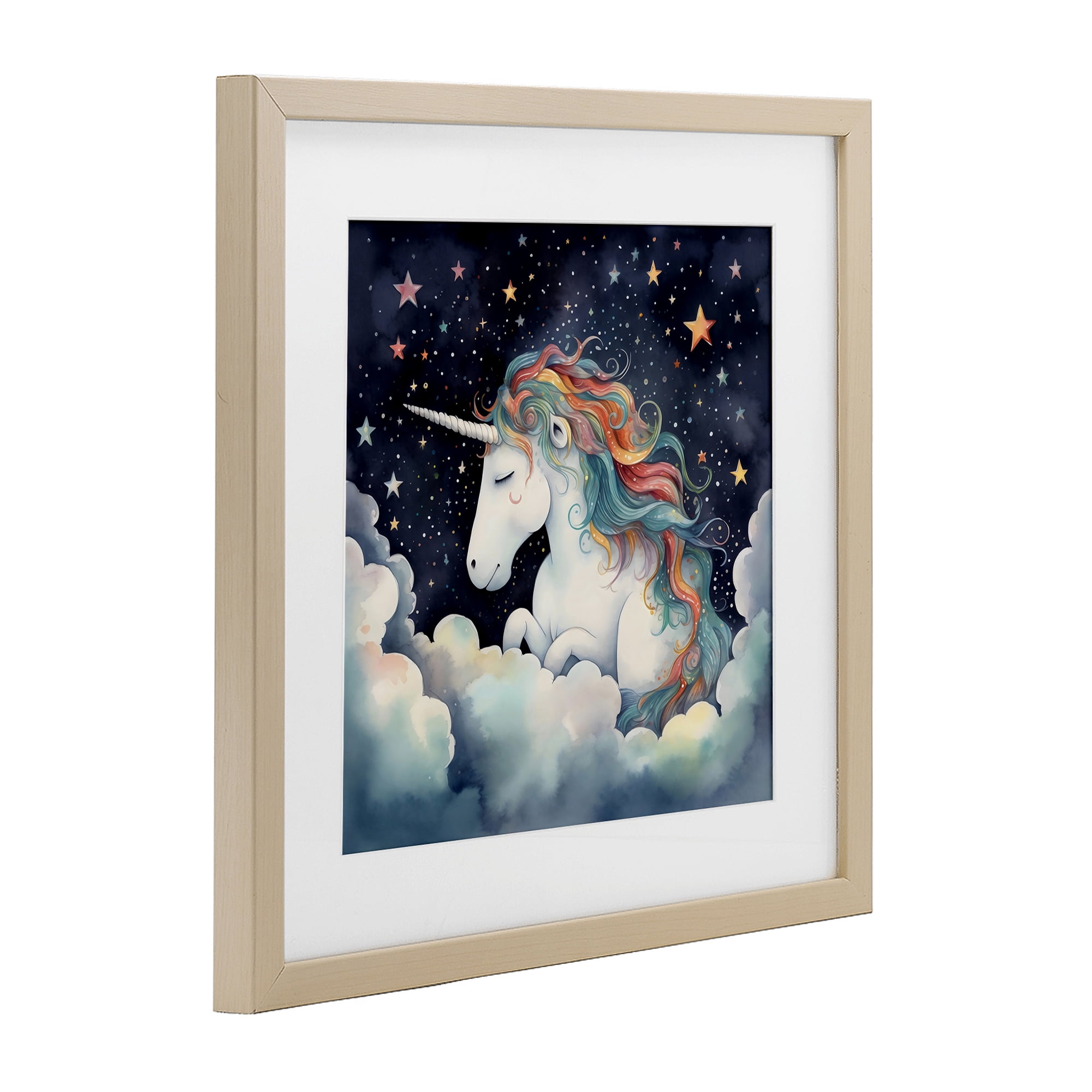 Stupell Industries Sleepy Unicorn in Starlit Clouds Birch Framed Print Under Glass, design by Creative Studio