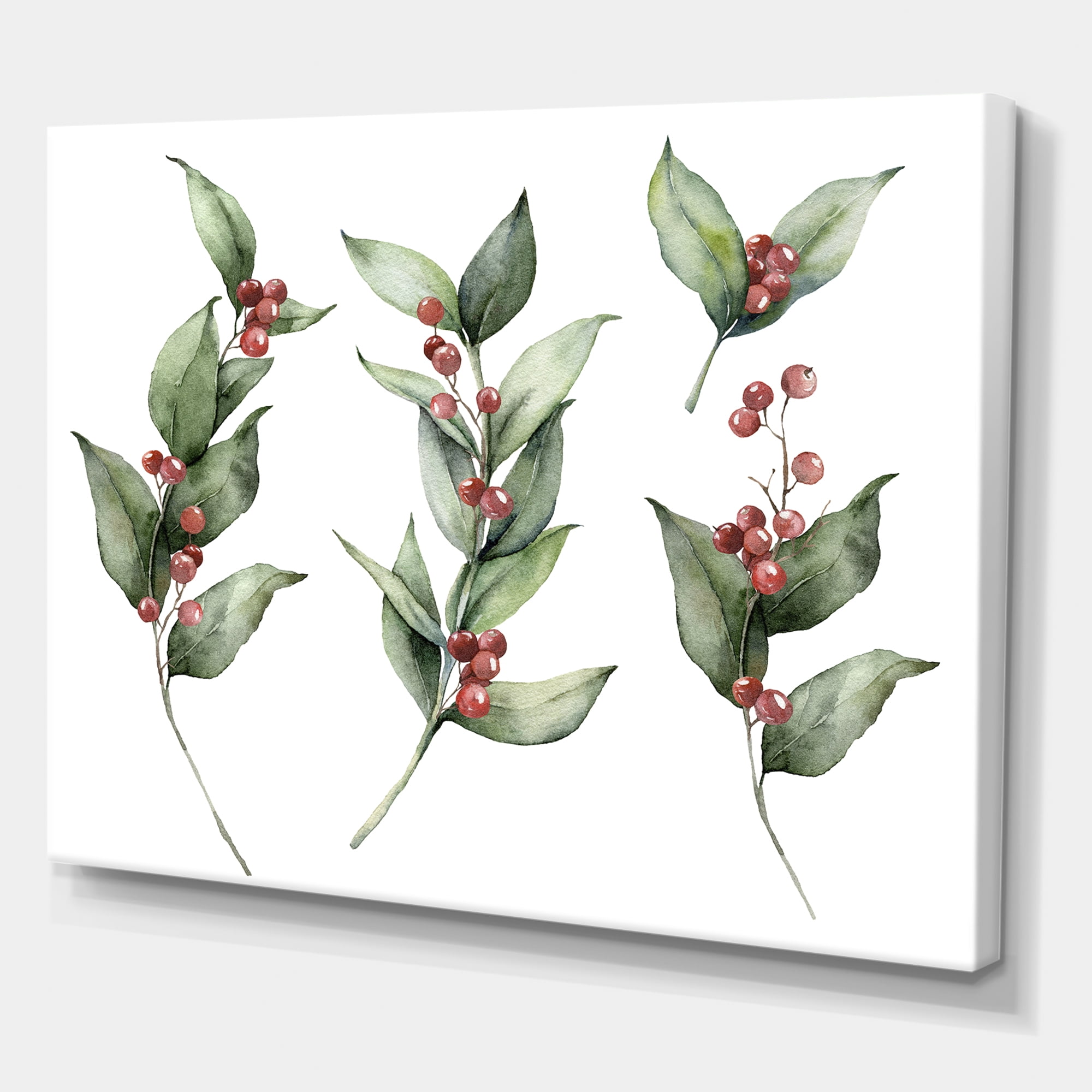 Designart ' Christmas Set Red Berrie With Branches ' Traditional Canvas Wall Art Print