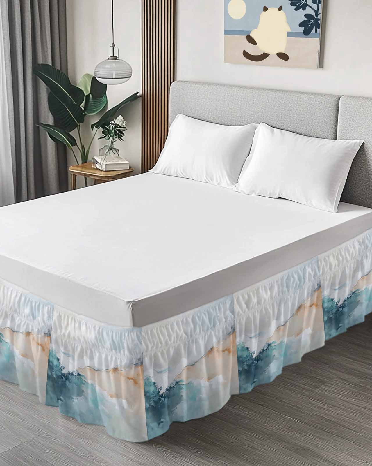 Teal Beige Wrap Around Bed Skirts for Queen Bed 16" Drop, Bed Skirt with Adjustable Elastic Belt Dust Ruffle Bed Valance for Bedroom Hotel Luxury Modern Oil Painting Art Coastal Bed Frame Cover