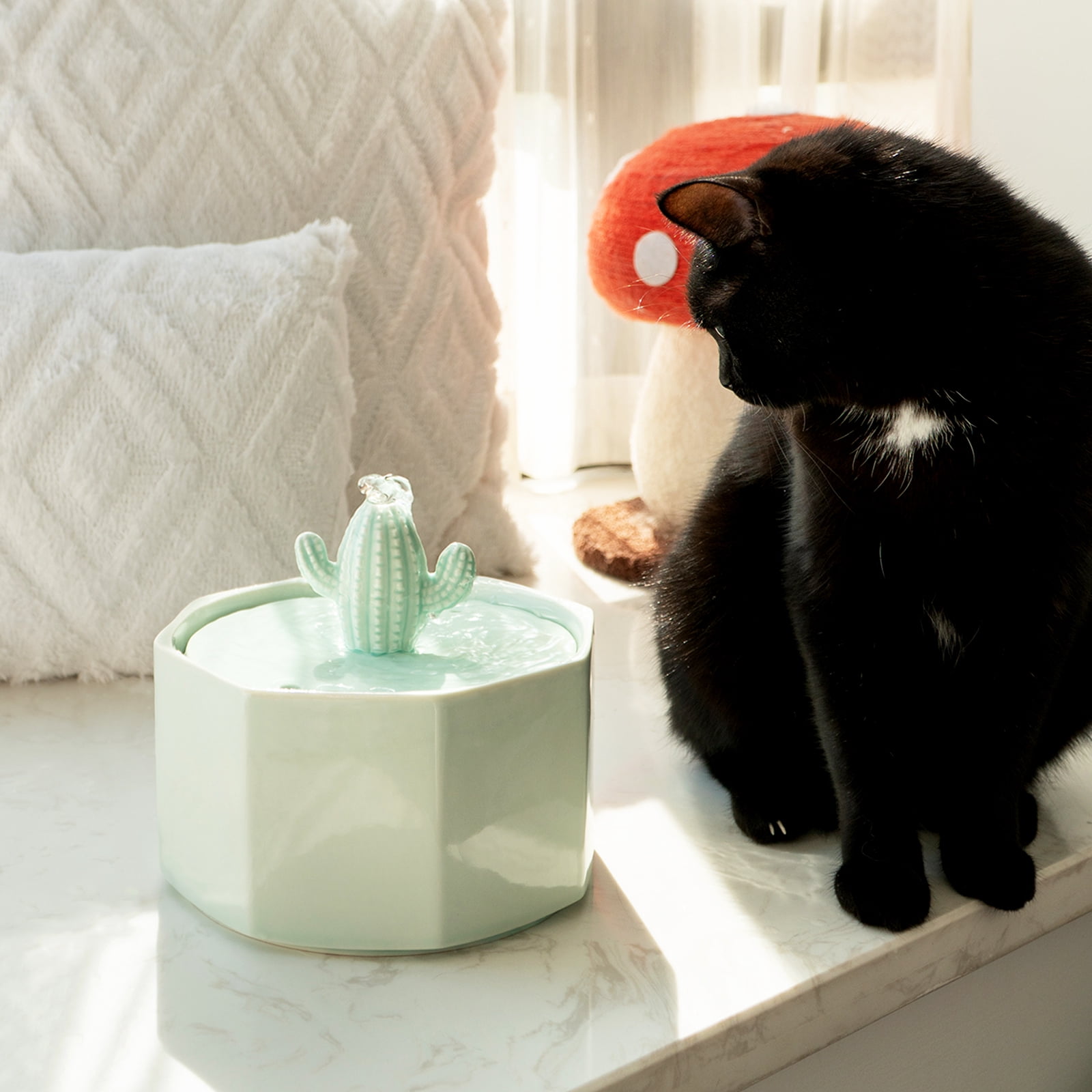 Happy & Polly Cactus Style Ceramic Cat Water Fountain, 1.5-Liter
