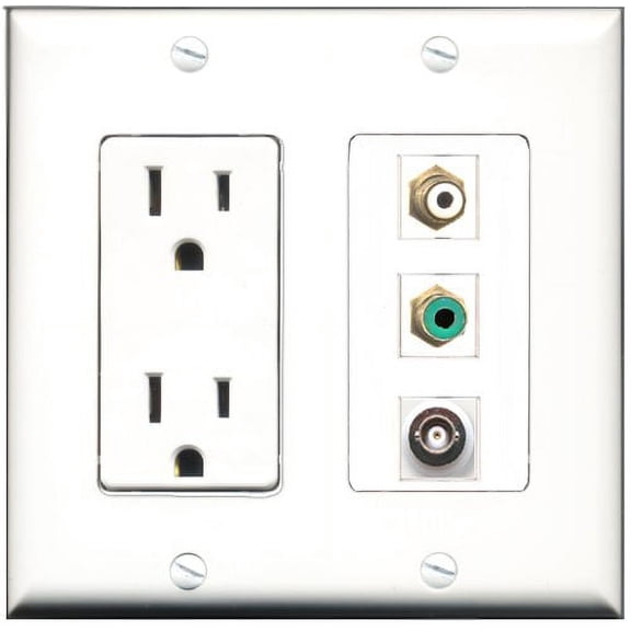 RiteAV - 15 Amp Power Outlet 1 Port RCA White 1 Port RCA Green 1 Port BNC Decorative Wall Plate