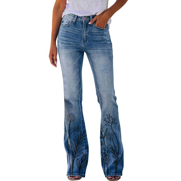 Womens Pants Printed Pattern Loose Flared Hem Jeans Stretch Flared Bottoms Women'S Casual Pants Black L