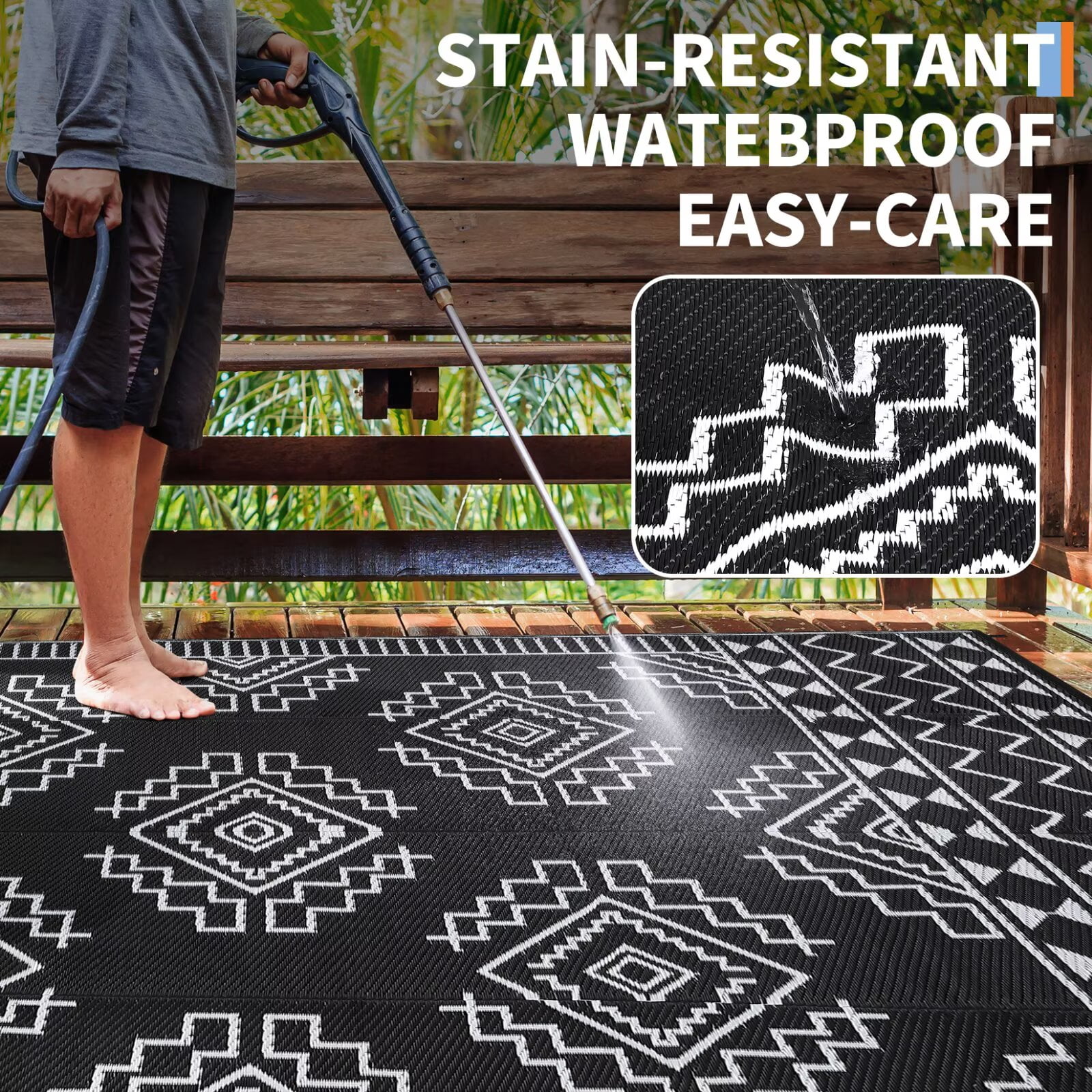 GlowSol 9'x12' Outdoor Rug Boho Geometric Plastic Straw Rug Waterproof Reversible Mat Outdoor Foldable Rug for Camping Patio Picnic, Black White