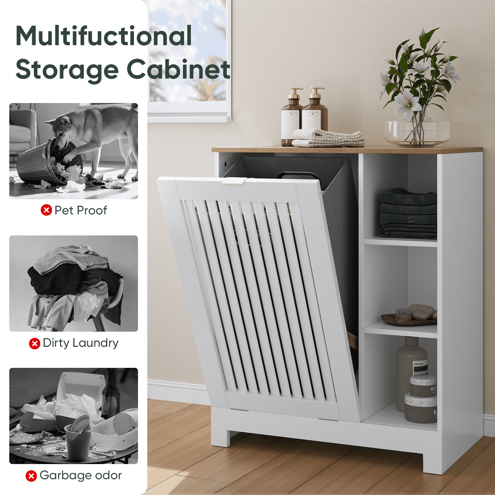 Smart FENDEE Laundry Hamper Cabinet with Louvered Door,Canvas Basket,3 Open Drawers, Laundry, White