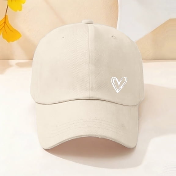 Women's Low Profile Baseball Cap with Heart Detail, Distressed Wash Adjustable Dad Hat, Cotton Unisex Casual Sun Hat for Daily Wear and Outdoor Activities Beige